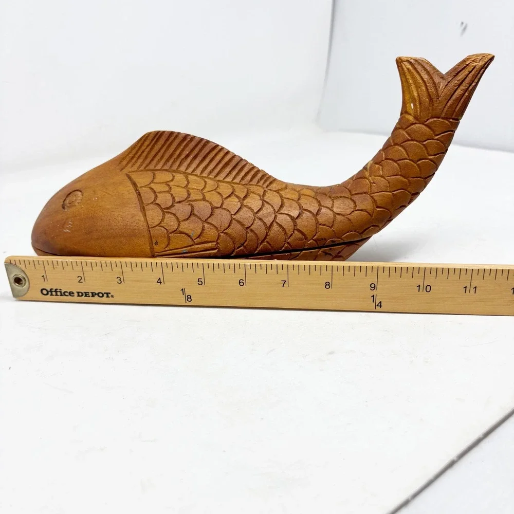 Hand Carved Wooden Fish Trinket Box Nautical Coastal Decor Brown Storage 11.5in